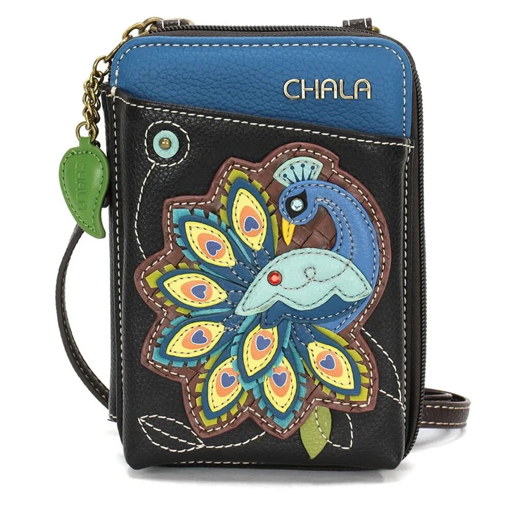 Chala Faux Leather Wallet Crossbody Cell Phone Purse - Peacock, Black NWT